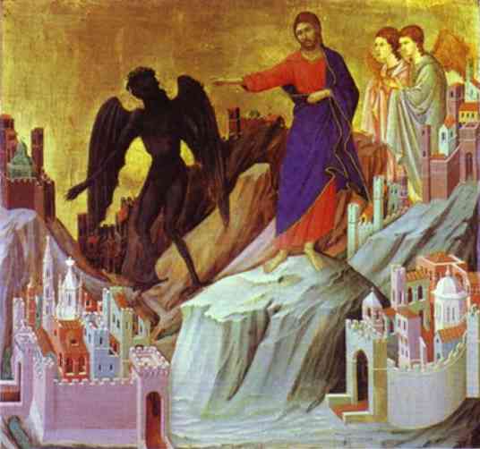 Duccio di Buoninsegna. Maestà. Tentation du Christ sur la montagne. c. 1308-1311